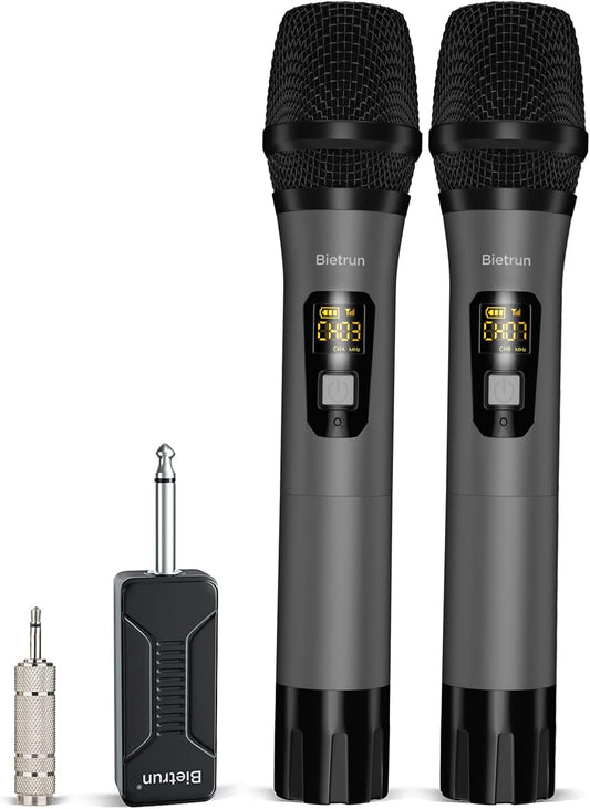 Wireless Microphone, Bietrun UHF Metal Dual Handheld Cordless Dynamic Mic System with Rechargeable