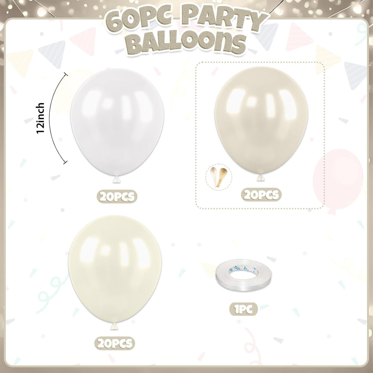 Double Stuffed Pearl Balloons, 60pcs Pearl White Balloons, Two Types Double Stuffed Sand White