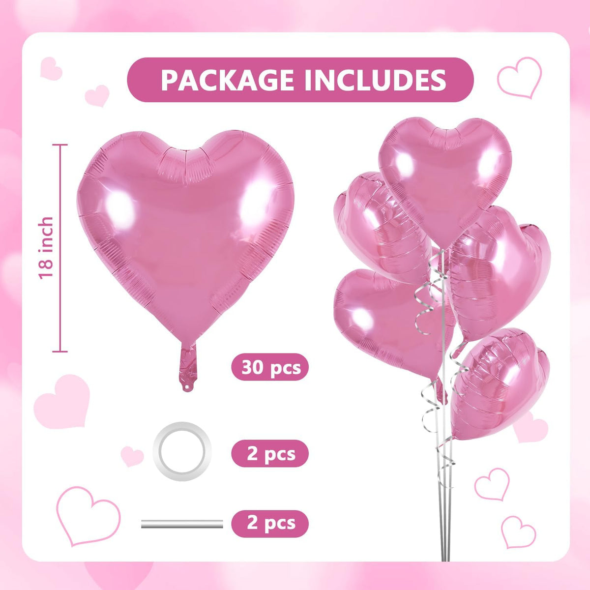TONIFUL 30Pcs 18 Inch Pink Heart Balloons Pink Heart Shape Foil Mylar Balloons Decoration for
