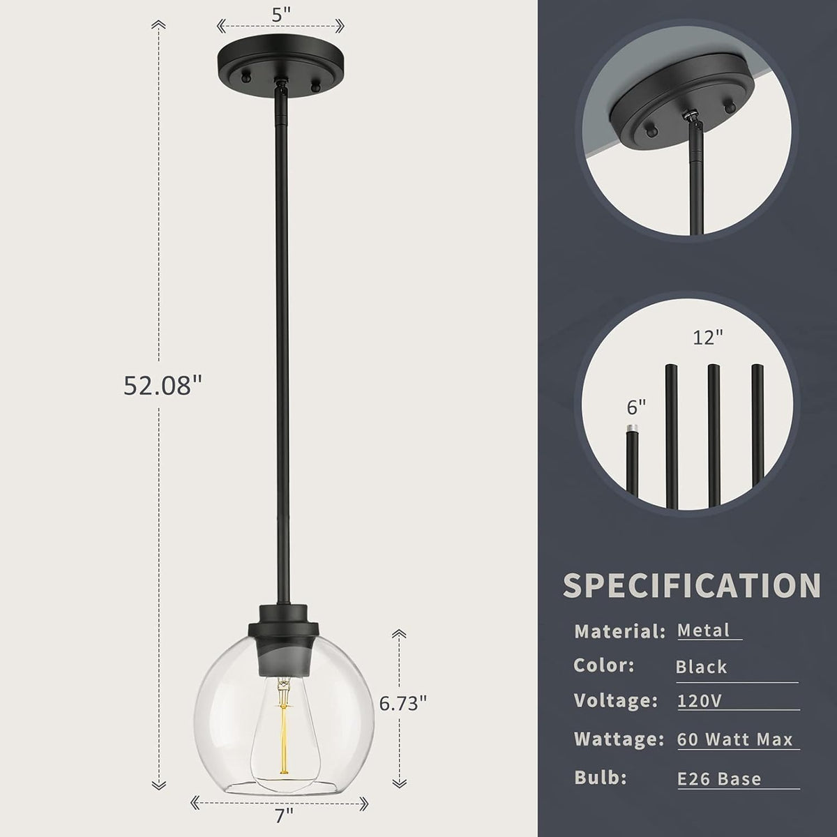 Pendant Light Fixtures,7 Inch Globe Black Pendant Lights Kitchen Island with Clear Glass, Modern