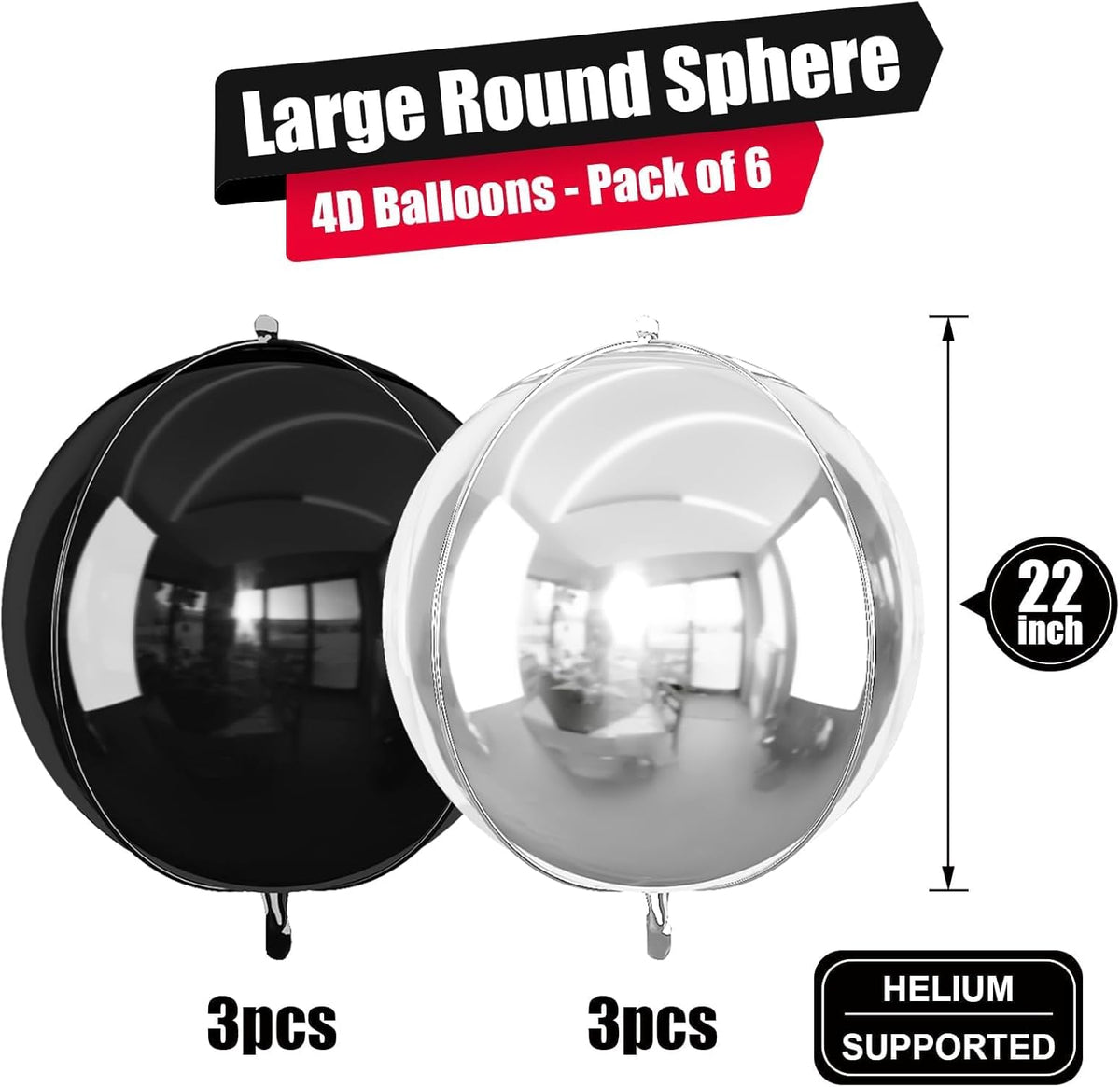 6Pcs Black Silver Round Foil Balloons, 22inch 4D Metallic Silver Black Balloons, Large Round Foil