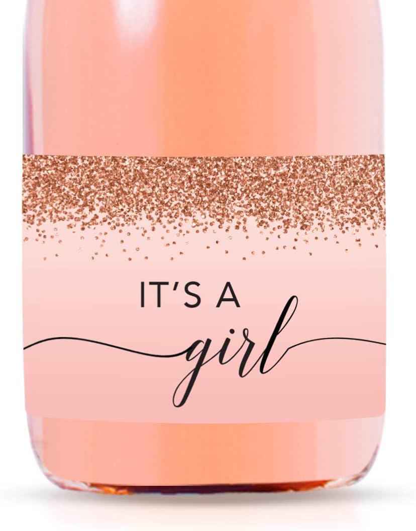 Andaz Press Mini Champagne Wine Bottle Baby Shower Labels, It's A Girl!, Blush Pink Faux Rose Gold