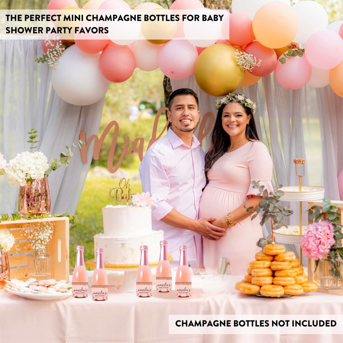Andaz Press Personalized Mini Champagne Wine Bottle Labels, Amelia's Baby Shower, Blush Pink Faux