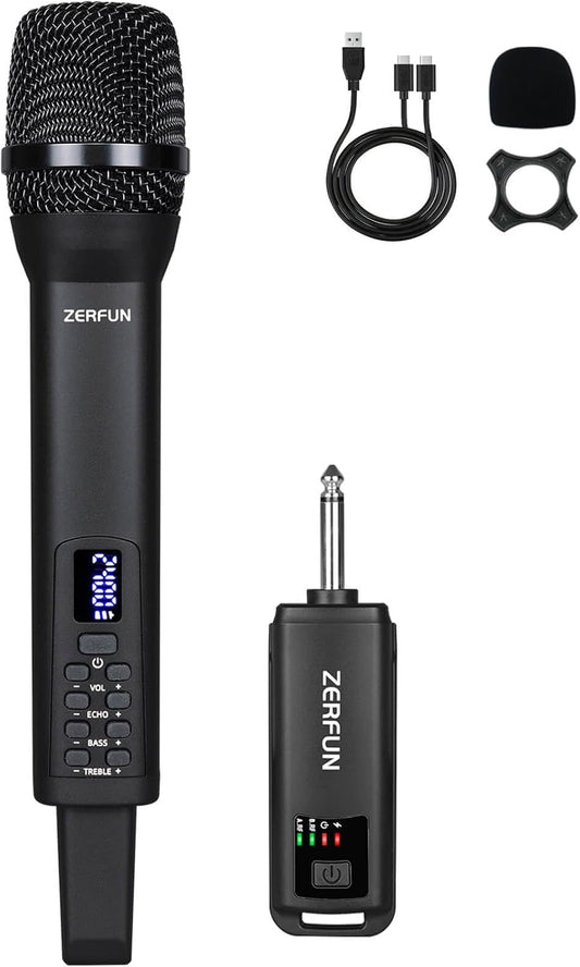 Rechargeable Wireless Microphone, Pro Handheld Cordless Mic System with Echo Treble BASS VOL