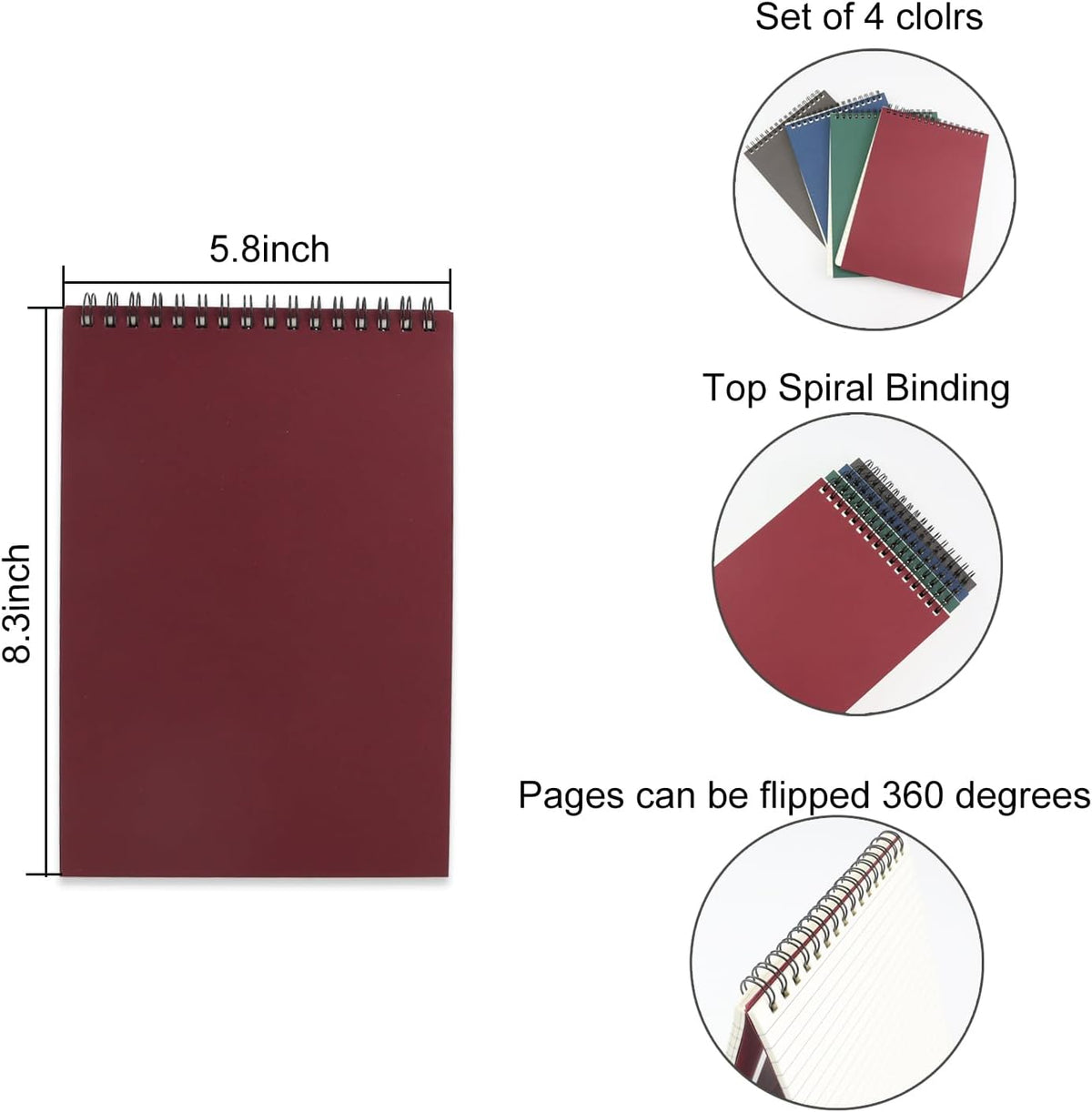 4 Pcs Top Bound Spiral Notebook,8.3 inch x 5.8 inch,60 Sheet,7mm College Ruled Paper,A5 Spiral Note