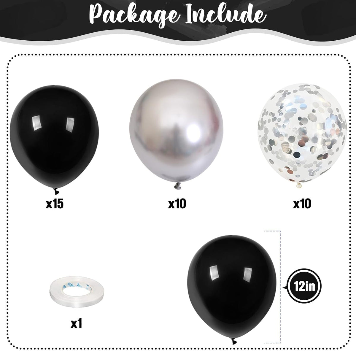 Black and Silver Balloons, 12 Inch Metallic Chrome Black Silver Confetti Latex Helium Balloons for
