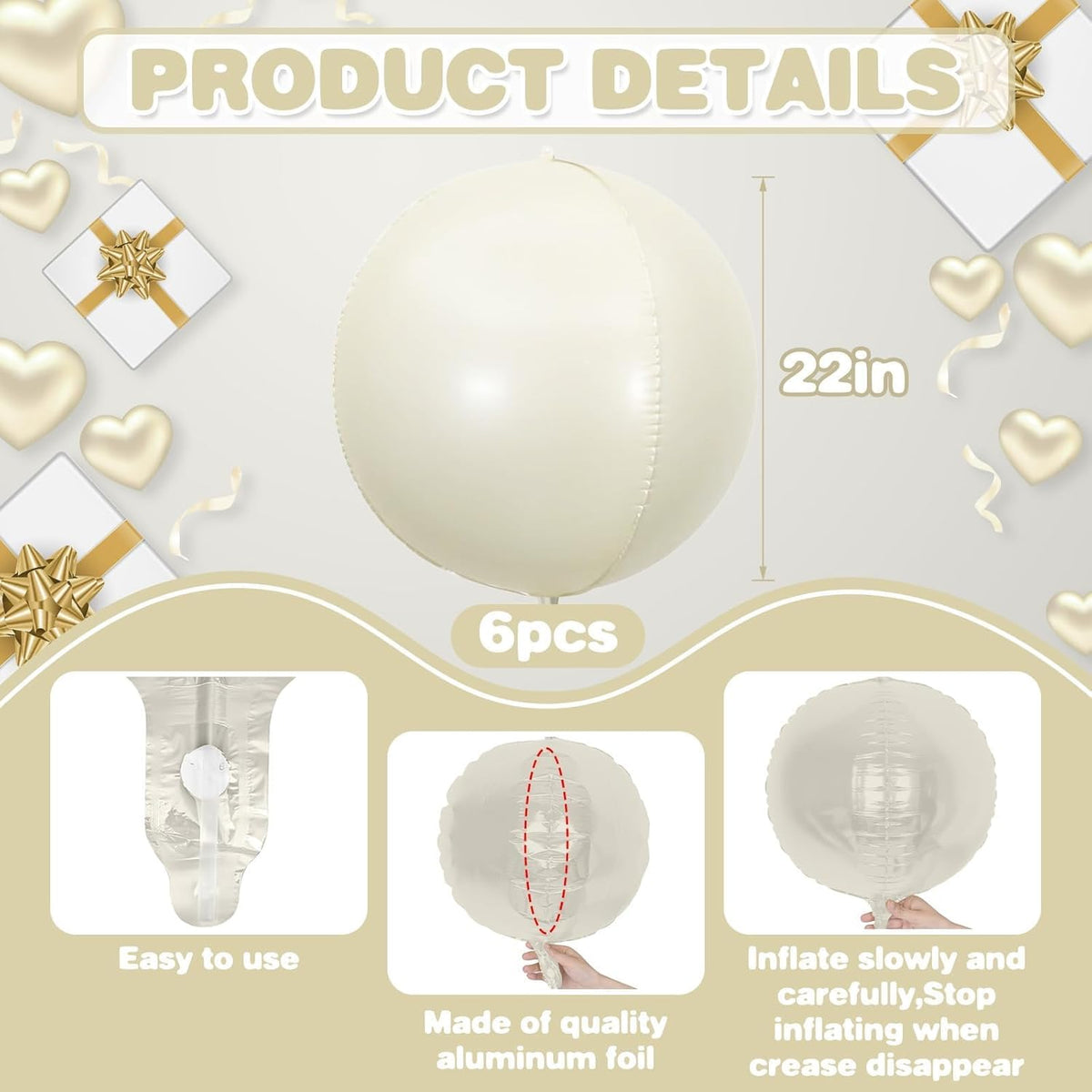 6Pcs Cream White Round Foil Balloons,Giant 4D Round Ball Balloon,22 Inch Balloons for Birthday Baby