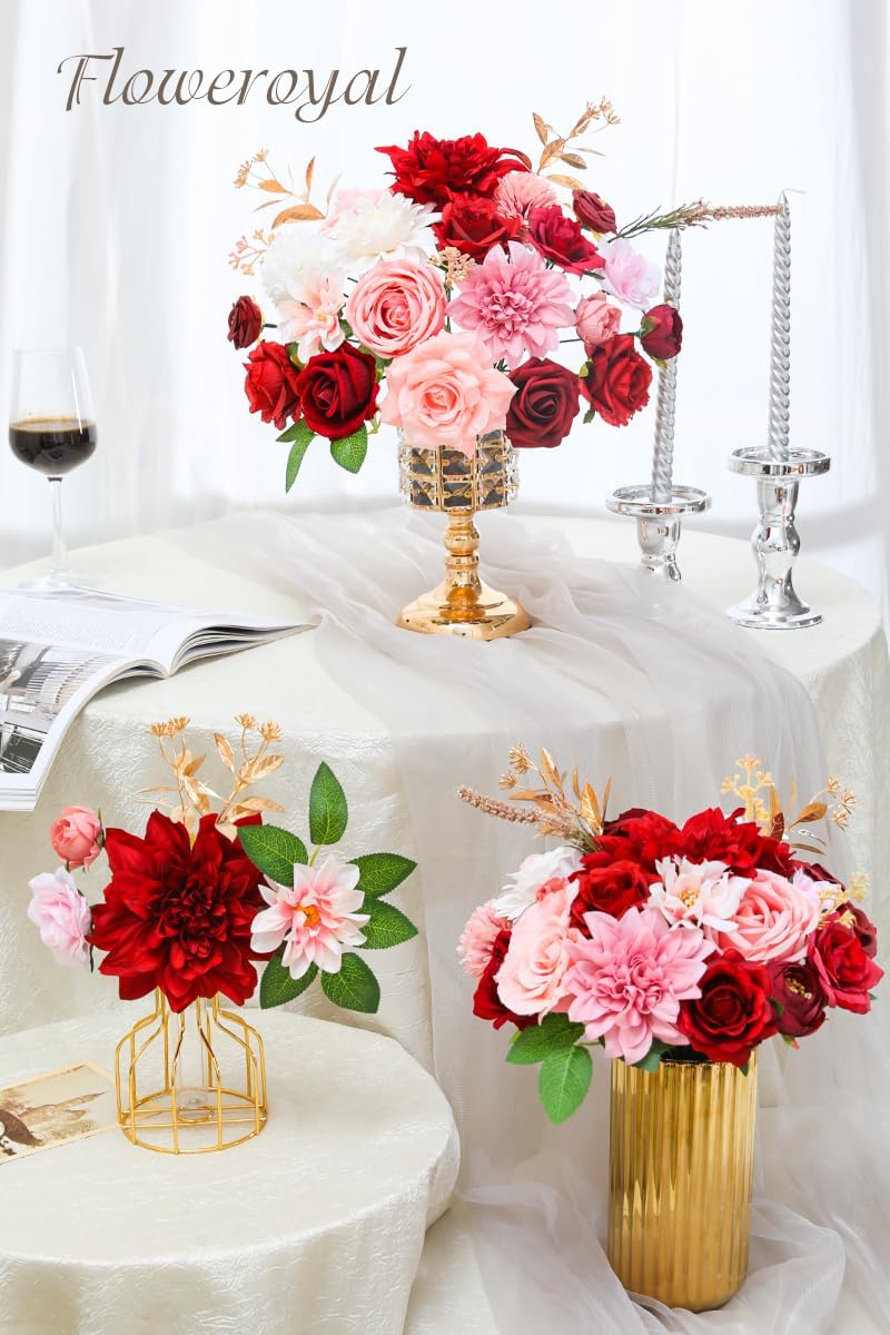 Floweroyal Artificial Flowers Combo Red Flowers Mix Silk Flowers Dahlia Roses with Stems for DIY