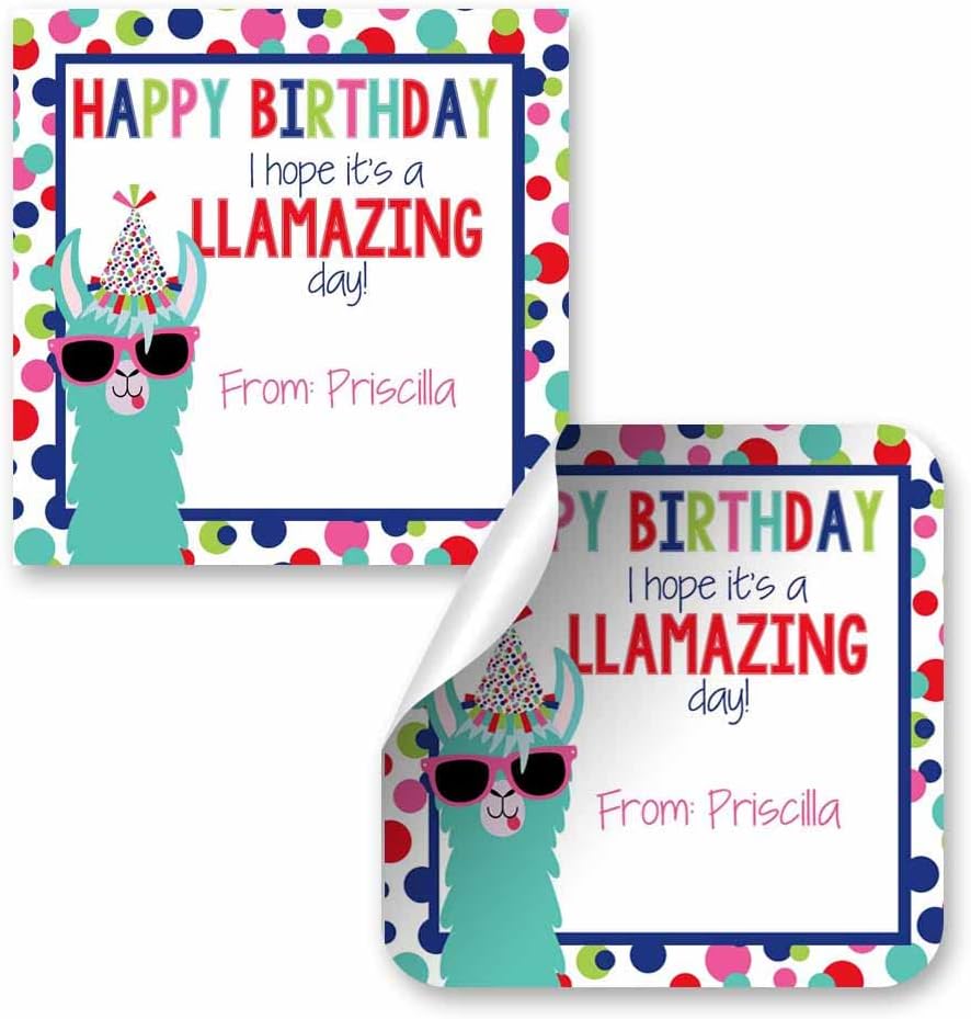 Custom & Personalized Llamazing Llama Happy Birthday Gift Tag Sticker Labels, 24 2.5" Square