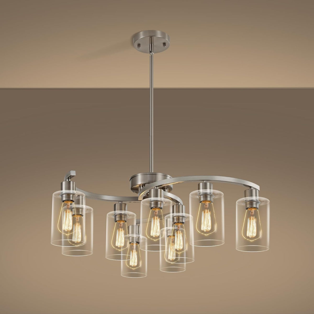 9-Light Brushed Nickel Glass Chandelier, Adjustable Height Hanging Industrial Dining Room