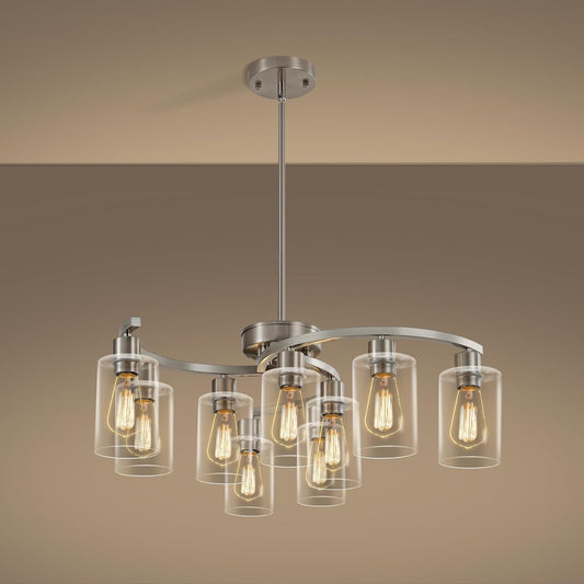 9-Light Brushed Nickel Glass Chandelier, Adjustable Height Hanging Industrial Dining Room