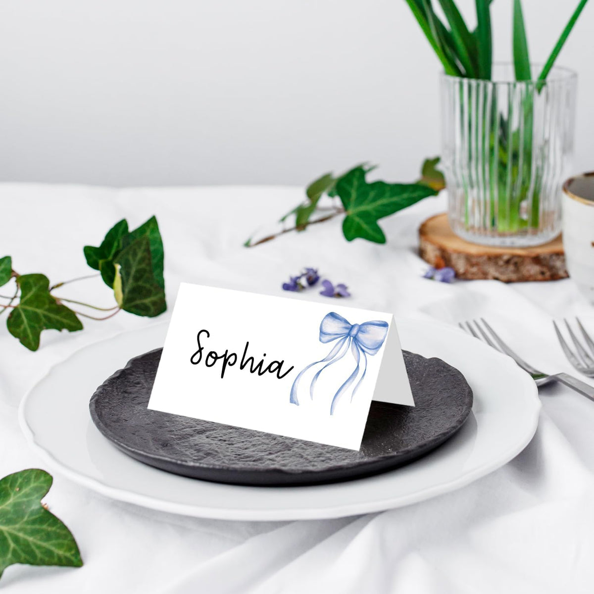 25 Pack Blue Bow Place Cards, Editable Name Cards for Table Setting, Watercolor Tent Cards Food