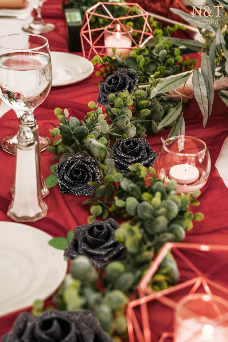 N&T NIETING Artificial Flowers Black Glitter Flowers Foam 25pcs Glitter Roses Real Looking Fake