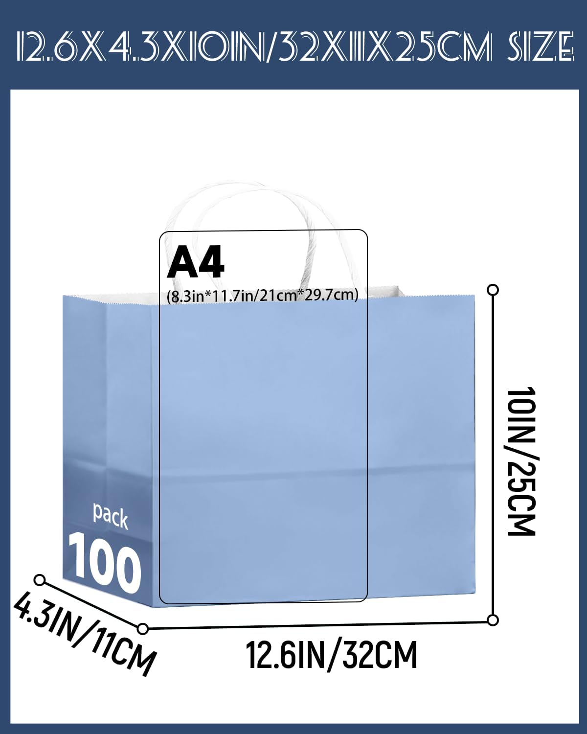 qiqee 100PCS Large Gift Bag with Handles Bulk 13"x4.5"x10" Gift Bags Light Blue Multiple Uses