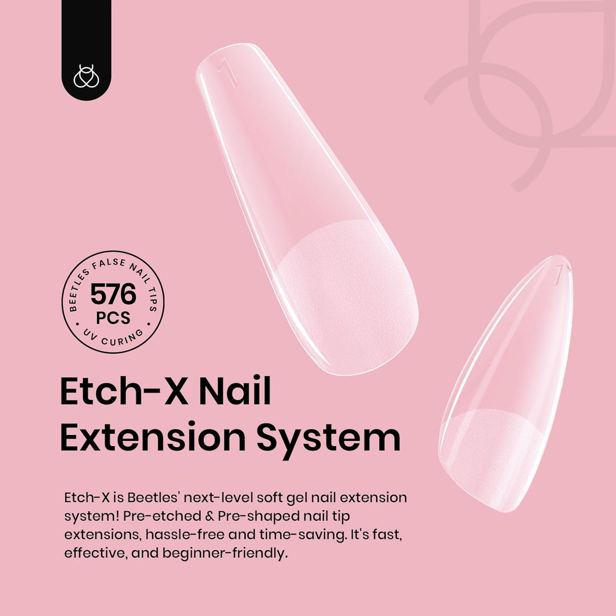 Beetles Gel Nail Tips Extra Short Coffin 576Pcs 12 Sizes - Pre-Etched Shaped Half Matte Soft Nail