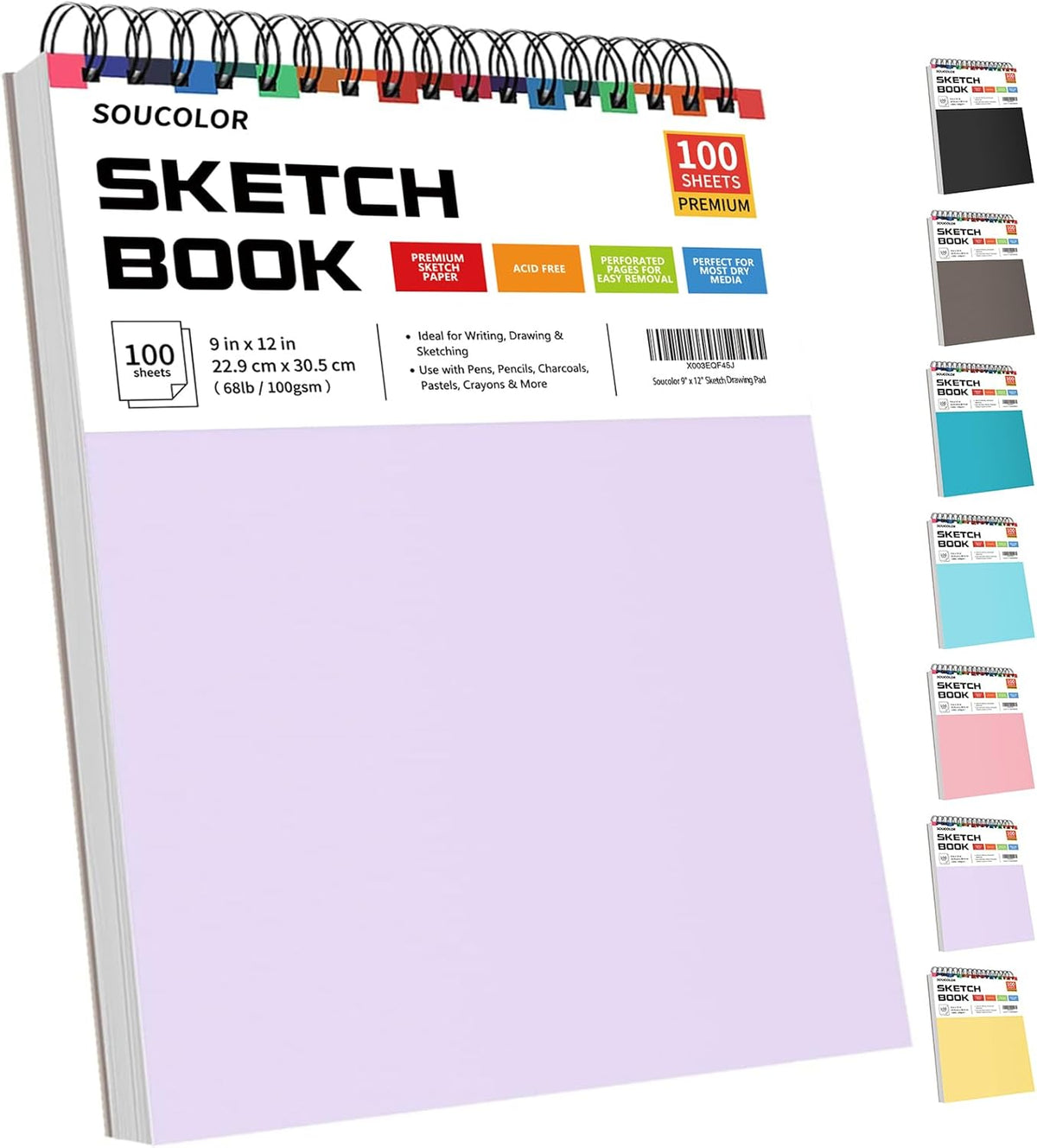 Soucolor 9" x 12" Aesthetic Sketch Book, 1-Pack 100 Sheets School Supplies Cute Sketchbook for