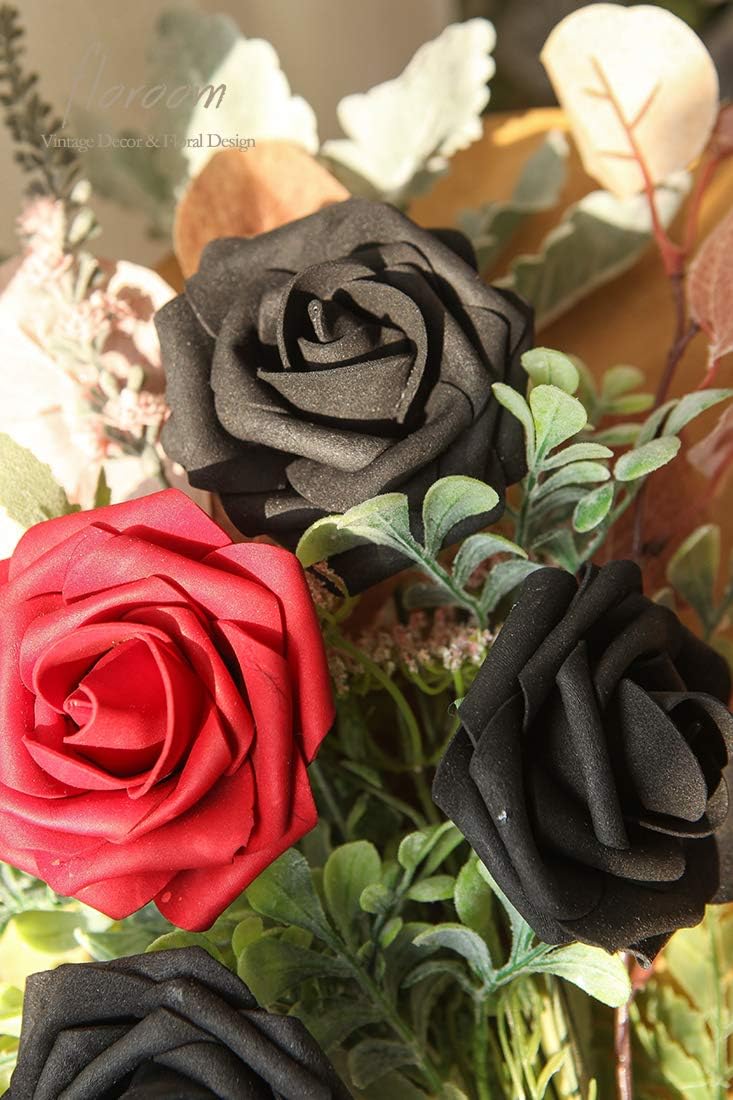 Floroom Artificial Flowers 25pcs Real Looking Black Foam Fake Roses with Stems for DIY Wedding