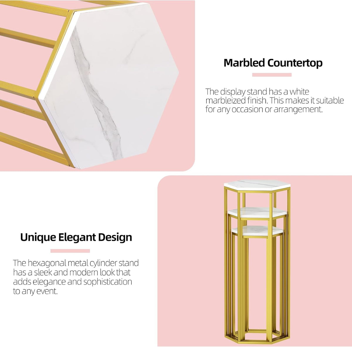 Urban Deco Cylinder Stands for Party, Set of 3 Gold Metal Hexagon Cake Pedestal Stand with Marbled