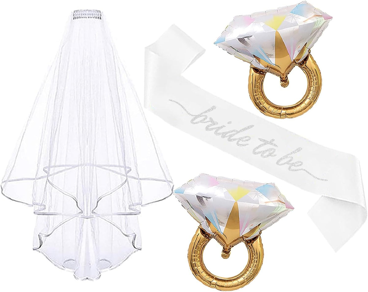 4PCS Bride To Be Sash and Veil, Blue Sash and Bachelorette Veils Accessories for Bridal Shower