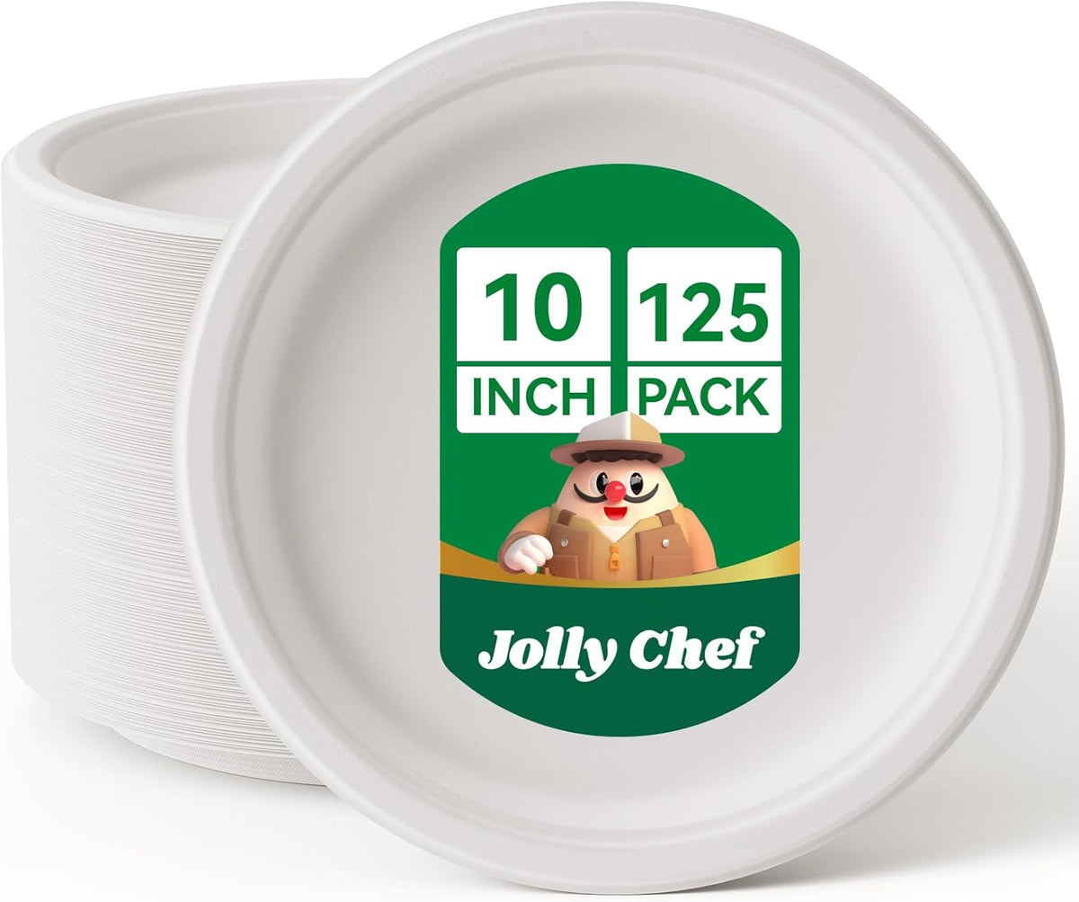 JOLLY CHEF Compostable Heavy Duty Plates 𝟭𝟬 𝗜𝗻𝗰𝗵 [𝟭𝟮𝟱 𝗣𝗮𝗰𝗸] Eco-Friendly Disposable