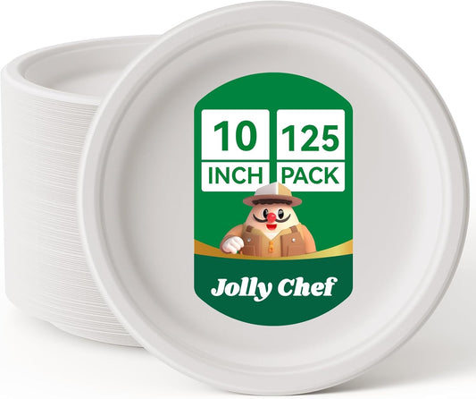JOLLY CHEF Compostable Heavy Duty Plates 𝟭𝟬 𝗜𝗻𝗰𝗵 [𝟭𝟮𝟱 𝗣𝗮𝗰𝗸] Eco-Friendly Disposable