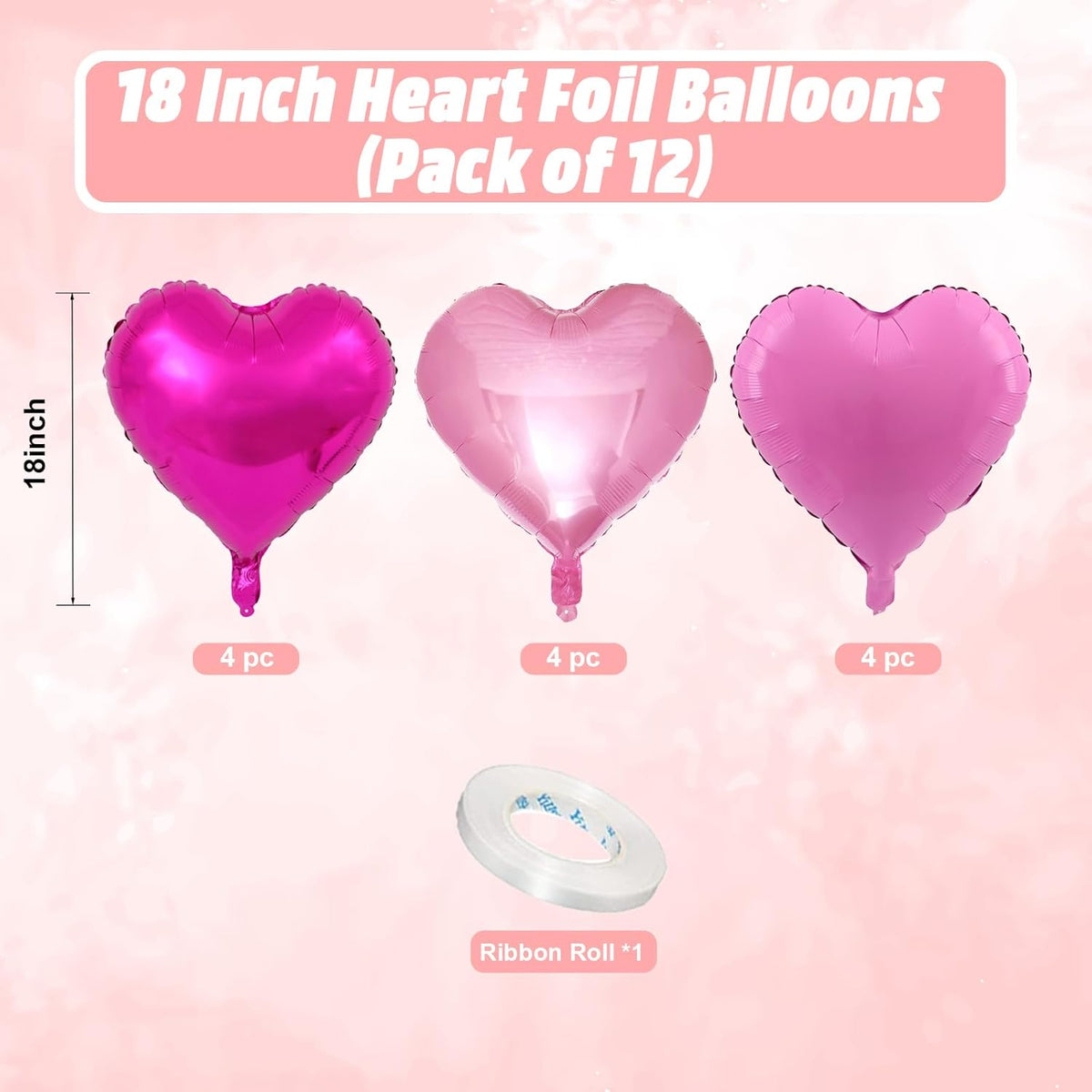 Pink Heart Balloons, 18 Inch Light Pink Heart Shape Balloons, 12PCS Rose Red and Hot Pink Helium