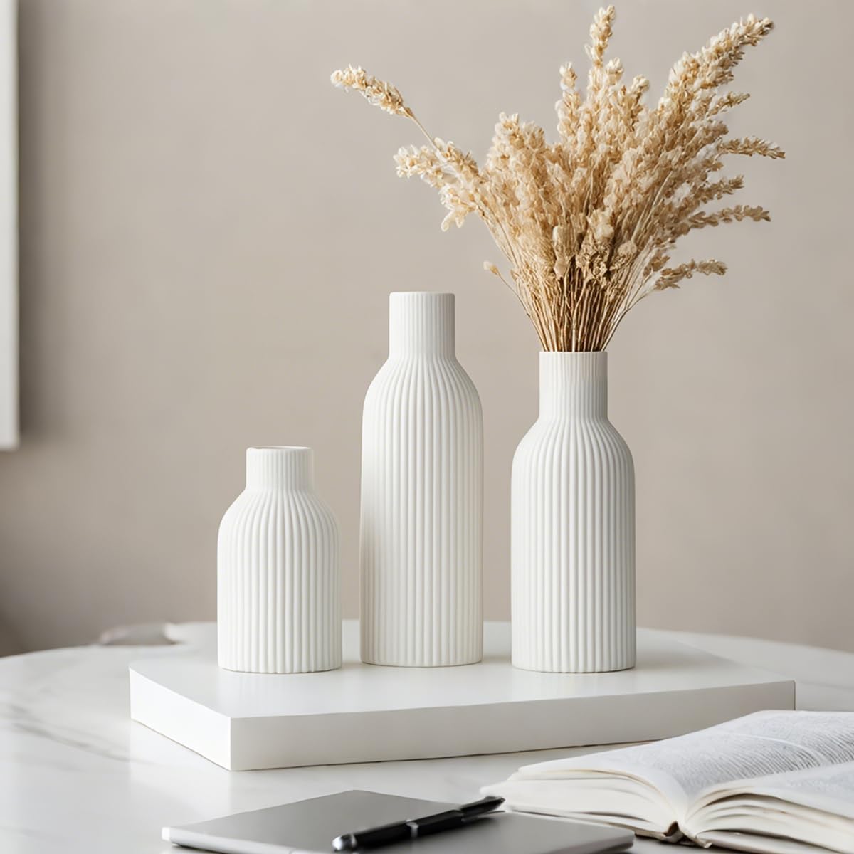 Modern Ceramic Vases Set of 3, White Ribbed Decorative Vases, Shelf Table Centerpiece for Home