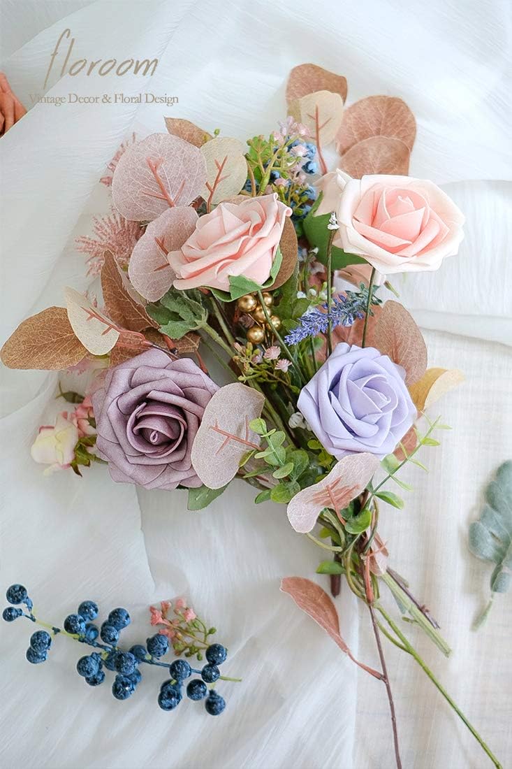 Floroom Artificial Flowers 25pcs Real Looking Blush Heirloom Foam Fake Roses with Stems for DIY