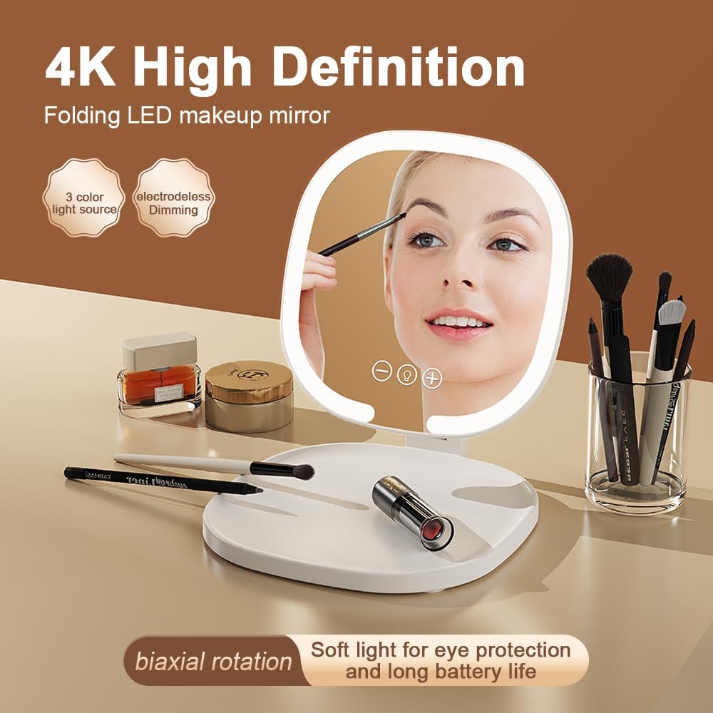Rechargeable LED Travel Makeup Mirror, 3-Color Lighting, Dimmable Touch Screen, Multi Angle