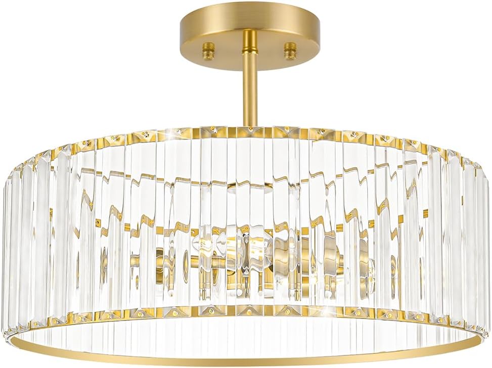 Modern Crystal Ceiling Light Fixture, Semi Flush Mount Ceiling Light, Brushed Brass Hallway