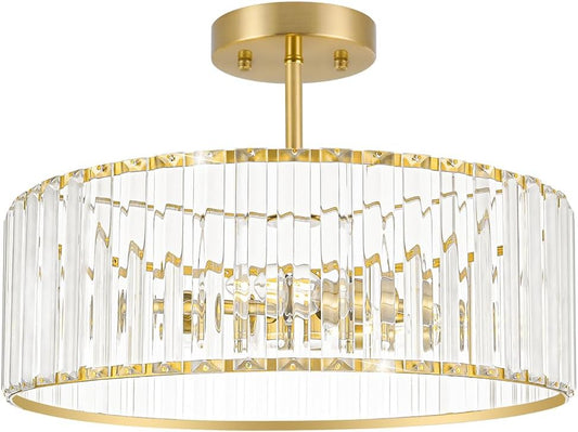 Modern Crystal Ceiling Light Fixture, Semi Flush Mount Ceiling Light, Brushed Brass Hallway