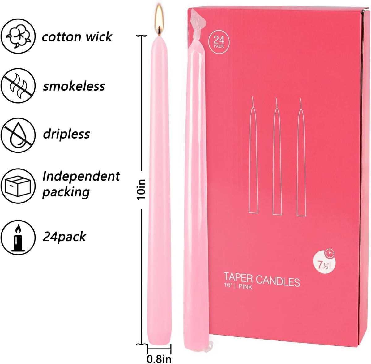 24 Pack Pink Taper Candles, 7-8 Hours Burn Time, Unscented, Smokeless and Dripless, 0.75 x 10 Inch