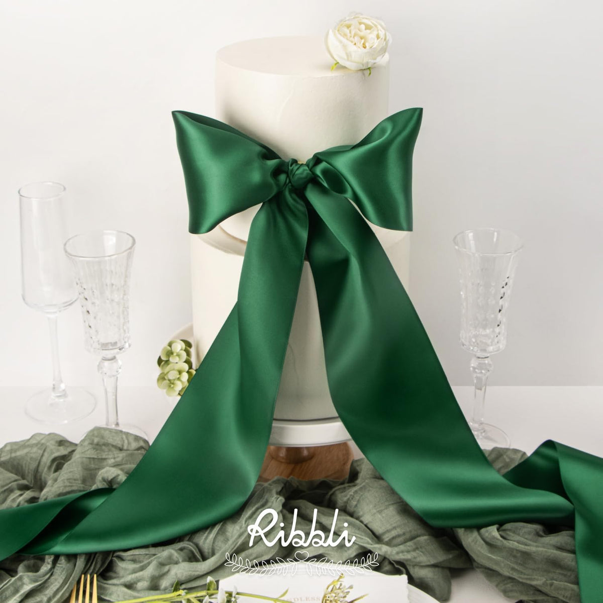 Ribbli Forest Green Satin Ribbon 4 Inch Wide Dark Green Ribbon for Wedding Chair Sash Grand Opening