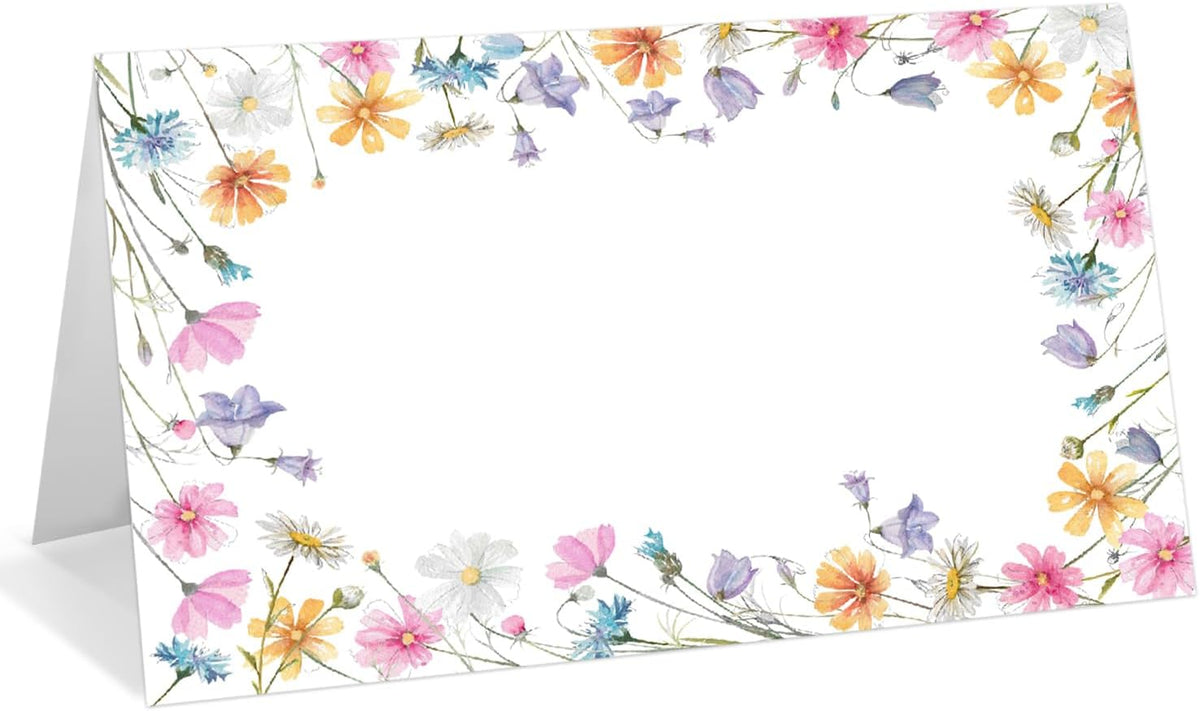 25 Pack Wildflowers Place Cards, Editable Name Cards for Table Setting, Tent Cards Food Label for