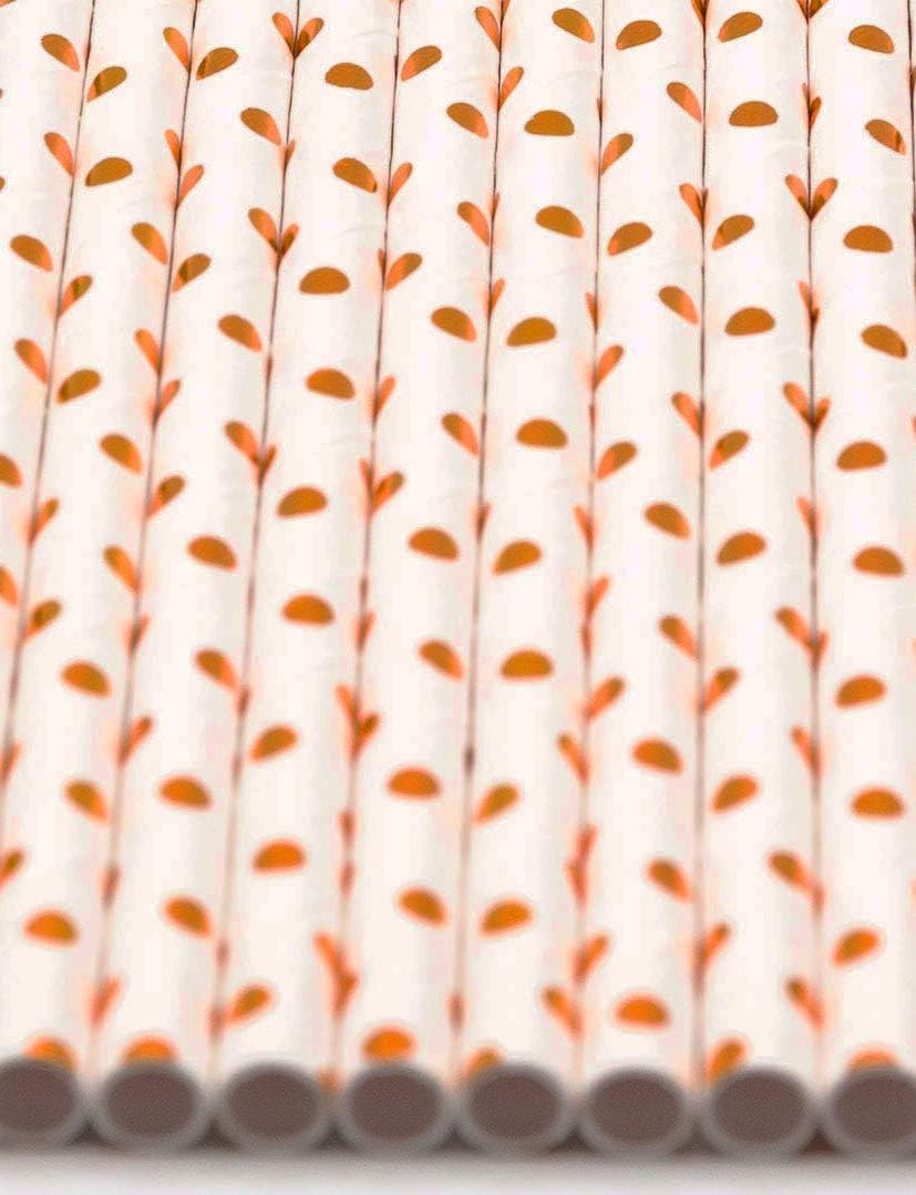 Pack of 300 Rose Gold Polka Dot Foil Biodegradable 4-Ply Paper Drinking Straws (Compostable