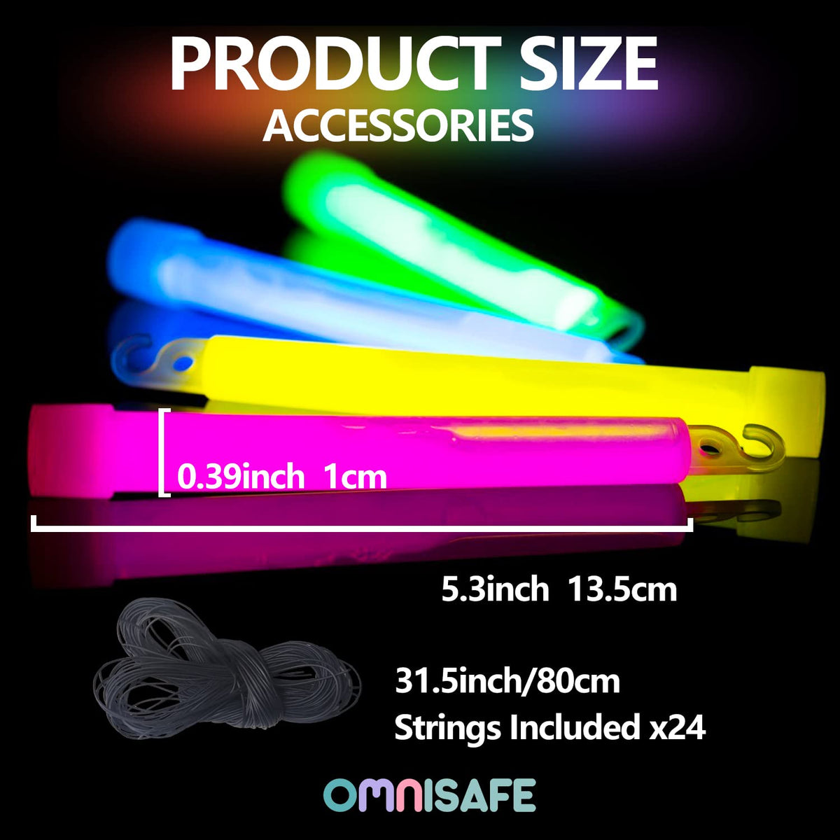 24 Ultra Bright Large Glow Sticks with 24 Black PE String, Multi Use Colourful 6 Inch Glowsticks