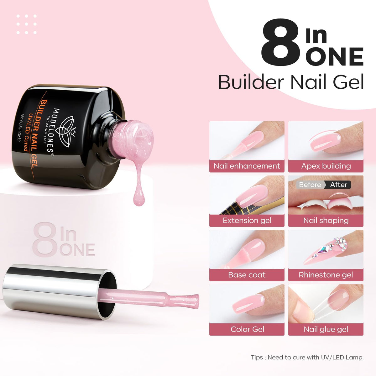 modelones Builder Nail Gel, 8-in-One Nude Pink Glitter Builder, Rainbow Iridescent Shimmer Nail Gel
