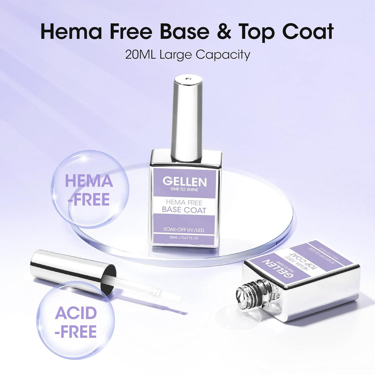 GELLEN 20ml Gel Base and Top Coat, Hema-Free Glossy Top Coat and Base Coat for Gel Nail Polish, No