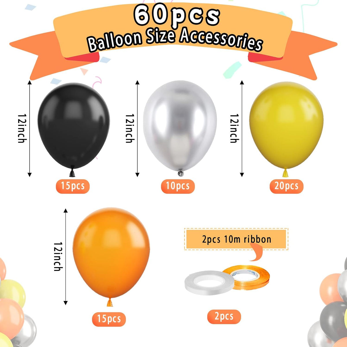 Paready Black Orange Yellow Balloons, 60 Pcs 12 Inch Orange Black Yellow and Metallic Silver