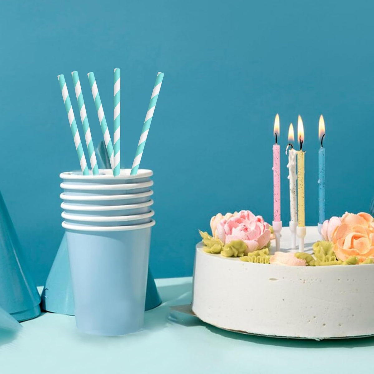Light Blue 7.75 inch Disposable Paper Straws for Drinking, 100 Counts, Eco-friendly - for Baby