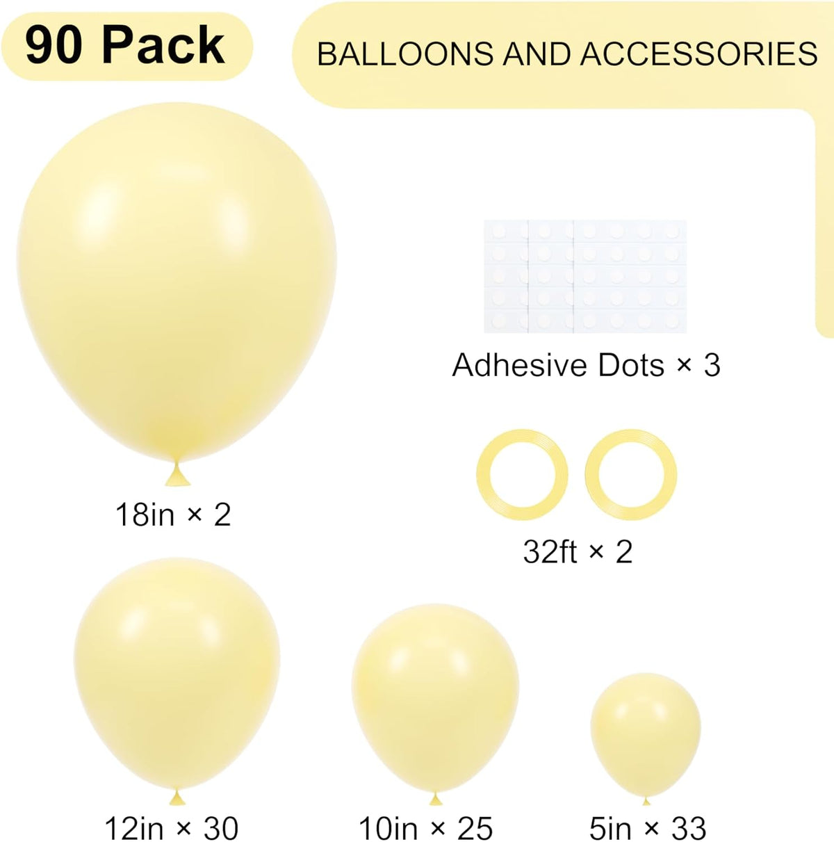 90pack Pastel Yellow Balloons Different Size 18/12/10/5 Inch Pastel Yellow Balloon Garland Arch Kit