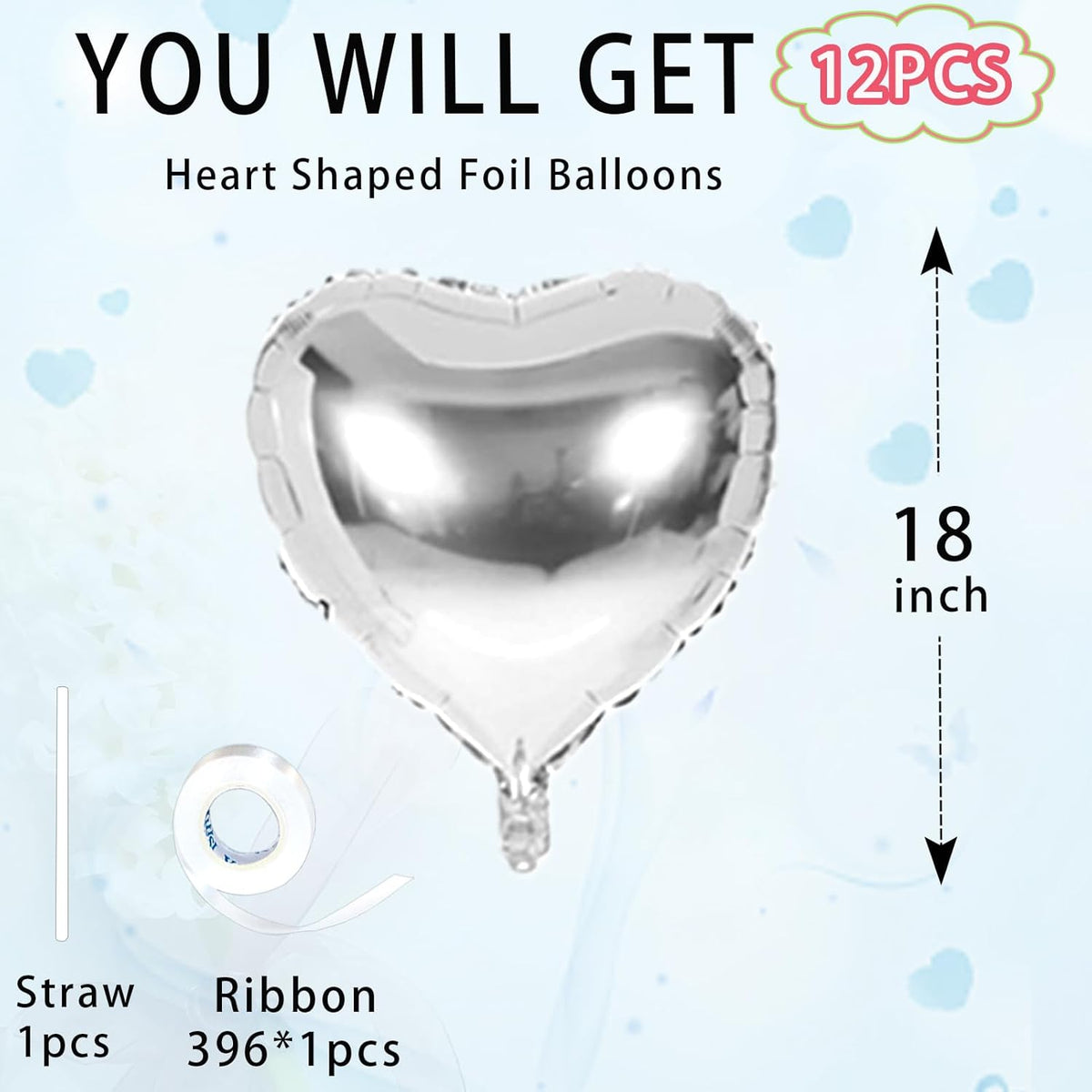 Silver Heart Balloons,18inch Bright Silver Heart Shaped Foil Balloons 12Pcs Helium Mylar Balloon