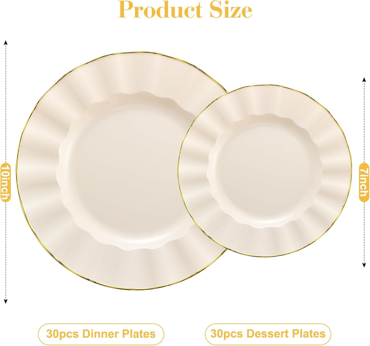 60Pcs Heavy Weight Ivory Plastic Plates with Gold Trim, Heavy Duty Wedding Plates, Elegant