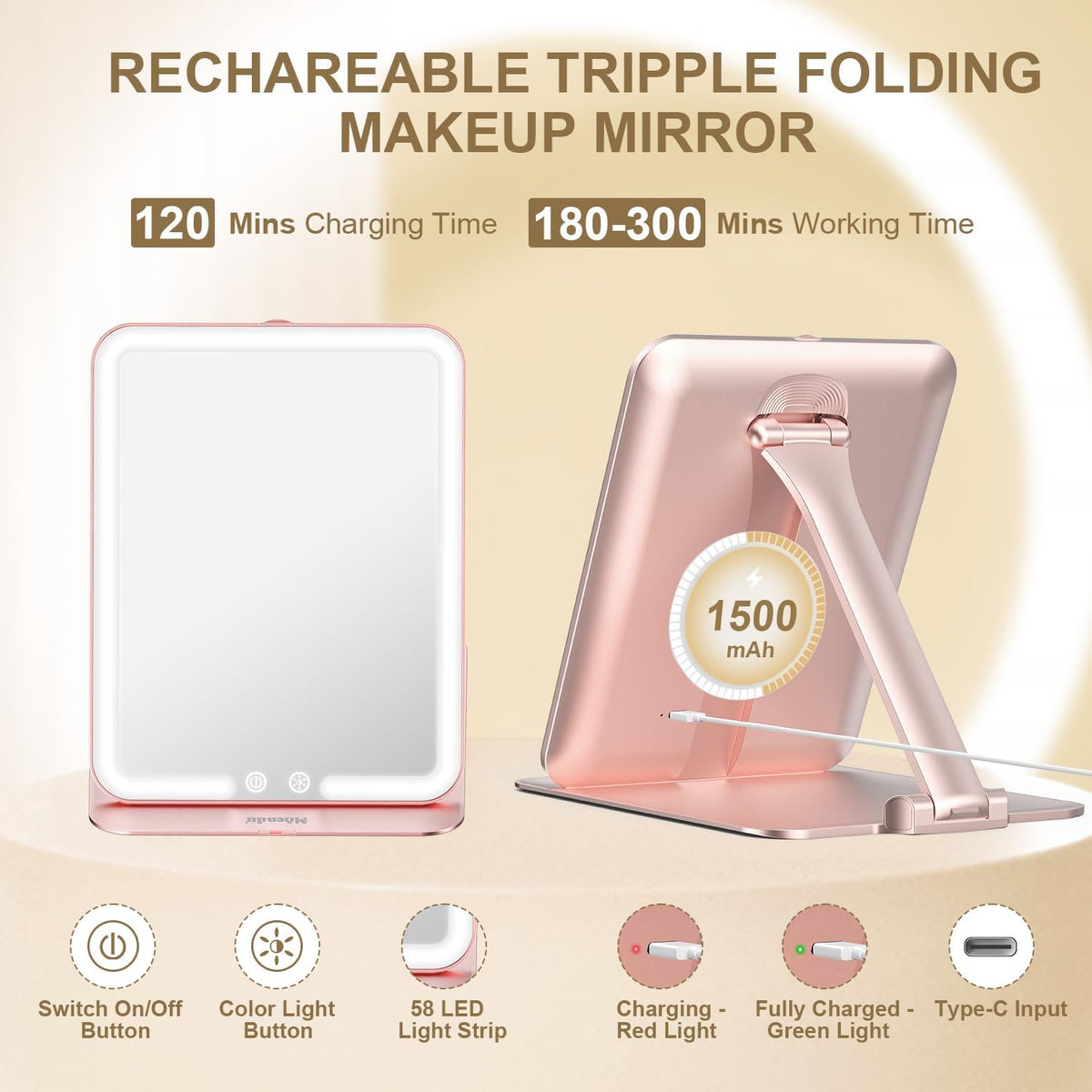Mocado Travel Makeup Mirror with Light, Tripple Folding Vanity Mirror with Lights, 3 Colors Lighted