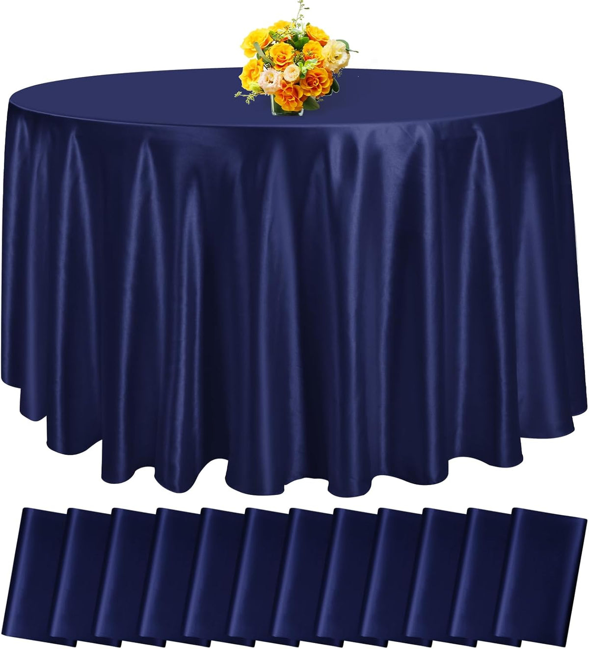fani 12 Pack 120 Inch Navy Blue Satin Tablecloth - Premium Bright Silky Round Tablecloth Overlay
