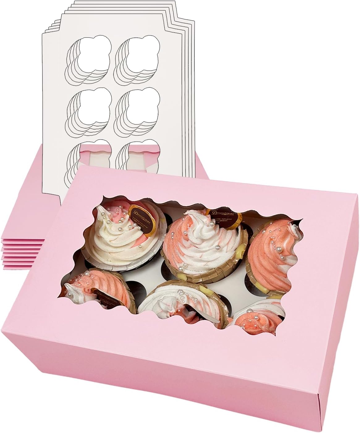 Bakepacker Auto-pop up 6 Cupcake Boxes with Window 20 Count Pink Box 9.4 x 6.1 x 3 inch Cupcake