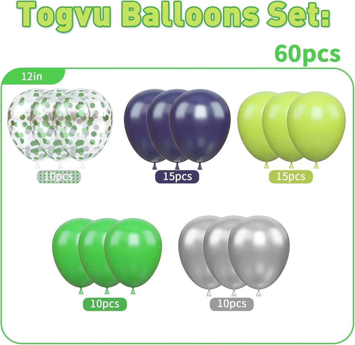 60 Pcs Navy Blue Matte Light Green Silver Latex Party Balloons with Green Silver Confetti for
