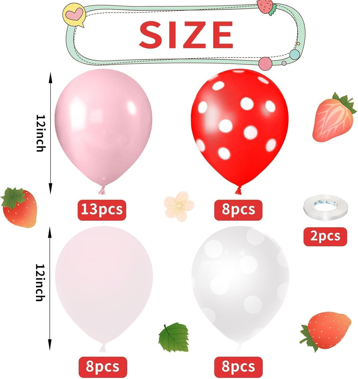 Strawberry Theme Balloons, 52 PCS 12 Inch Red Pastel Pink Pearl Pink Balloons With Polka Dot Latex