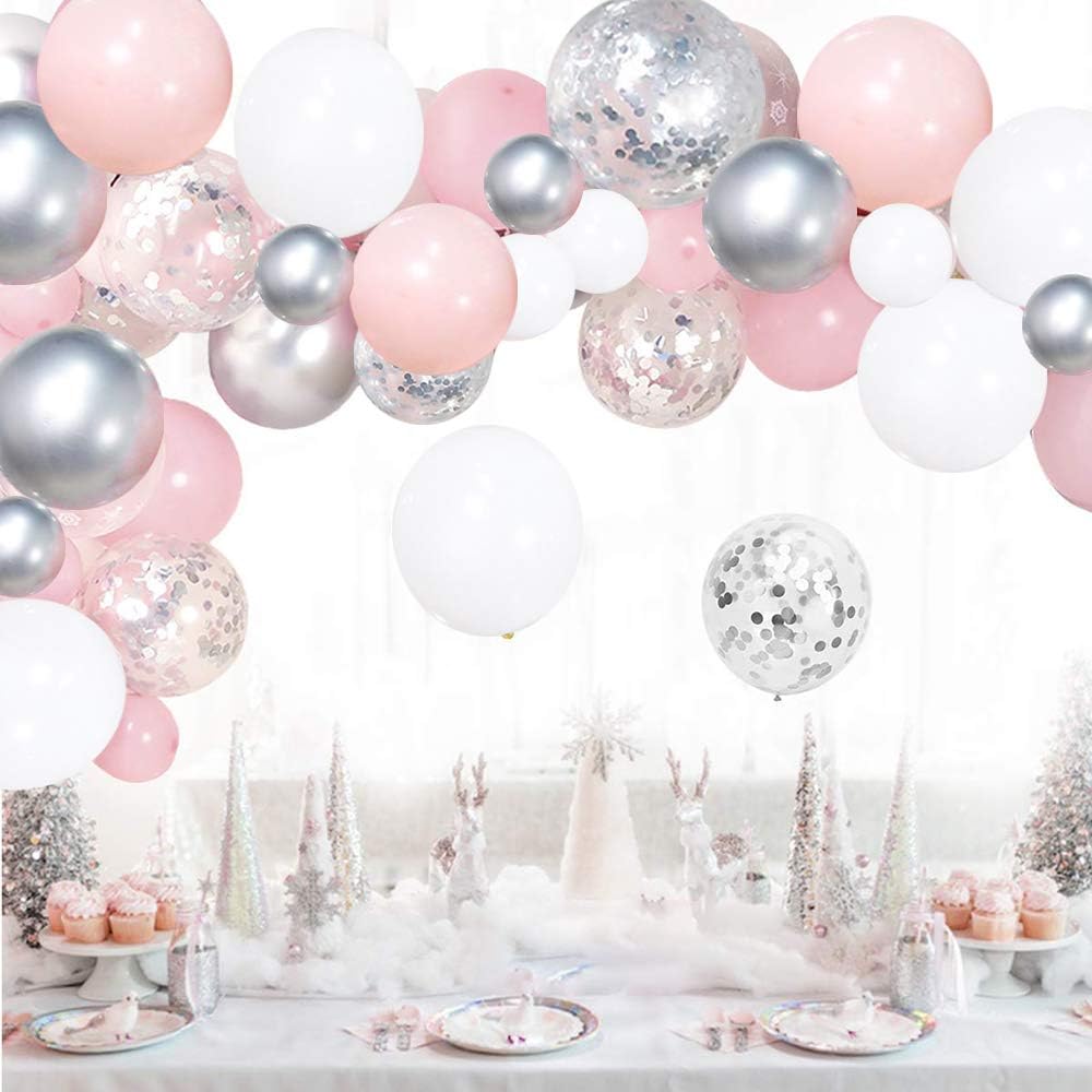 Silver Pink Balloons Garland Kit, 100pcs White and Silver Confetti Metallic Latex Balloons Arch
