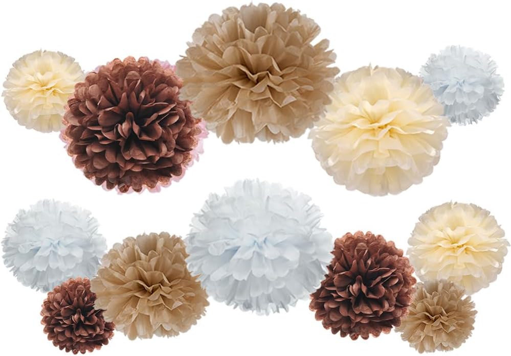 Brown Champagne Tan Ivory and White Tissue Paper Pom Poms Flower for Neutral Baby Shower Birthday